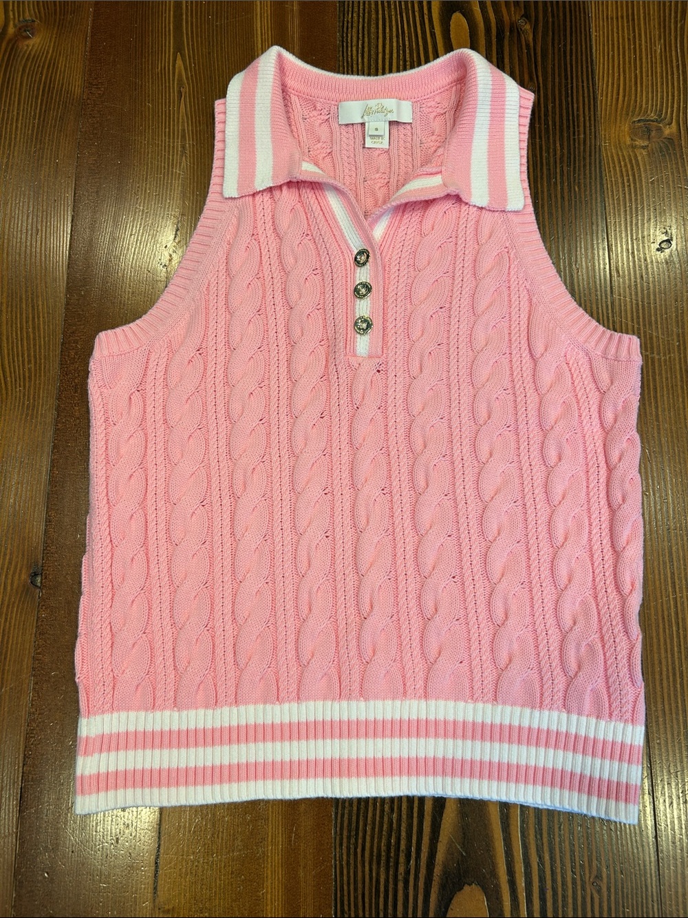 Lilly Pulitzer Collared Cable Knit Sweater Tank Sz S Pink White Accent Stripes